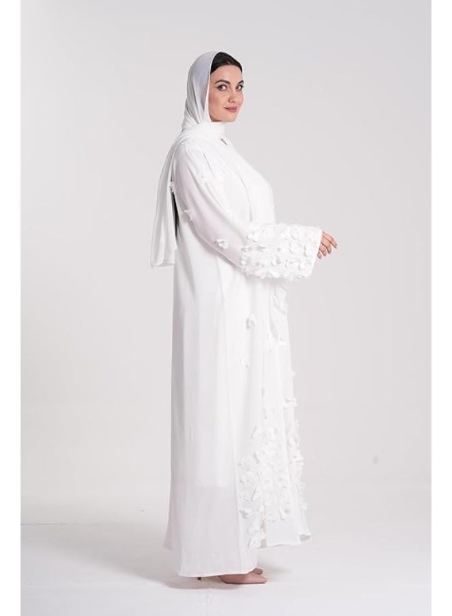 عباية نسائية بيضاء أنيقة مطرزة | عباية محتشمة مع شيلة مطابقة - Image 1